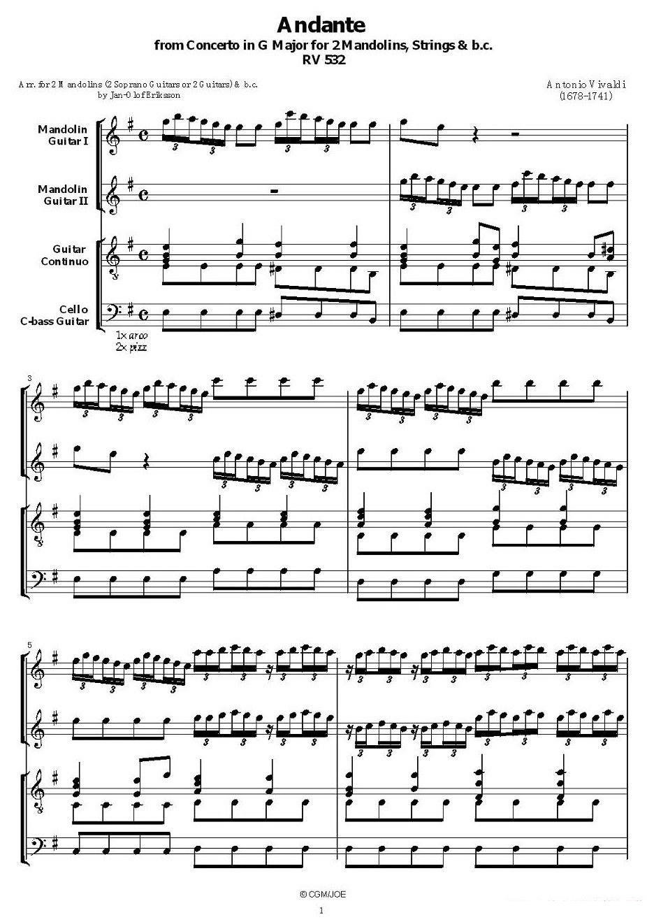 《维瓦尔第如歌的行板》吉他谱/六线谱（第1页）